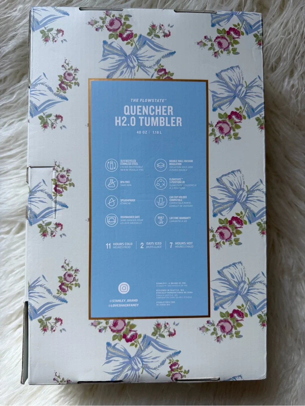 LoveShackFancy Cream Bow Floral Insulated Tumbler with Blue Accents
